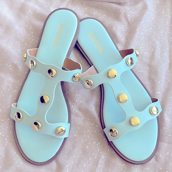 Brand New Kensie Seafoam Mint Green Gold Tone Studded Slides Sandals - Picture 3 of 15